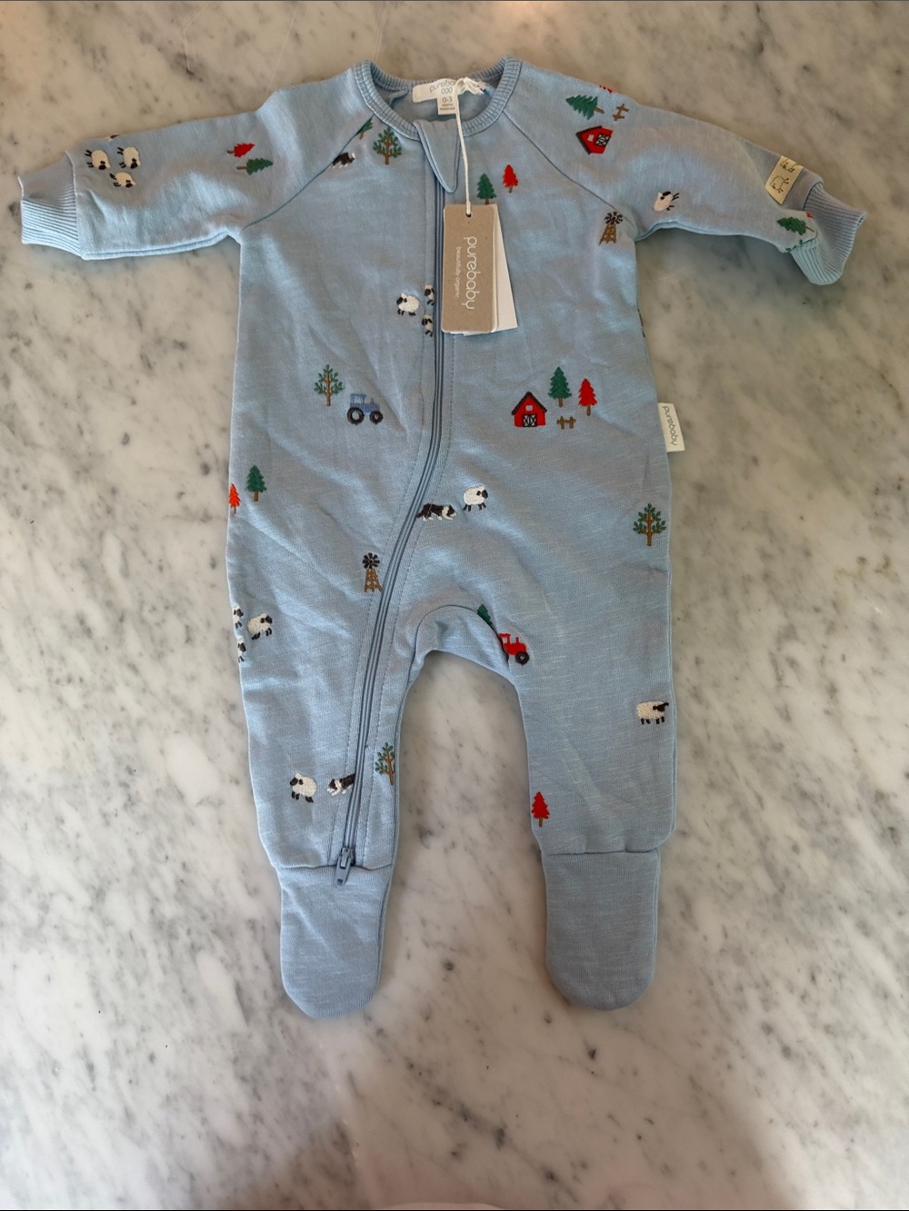 Purebaby Light Blue Farm Embroidered Footed One-Piece